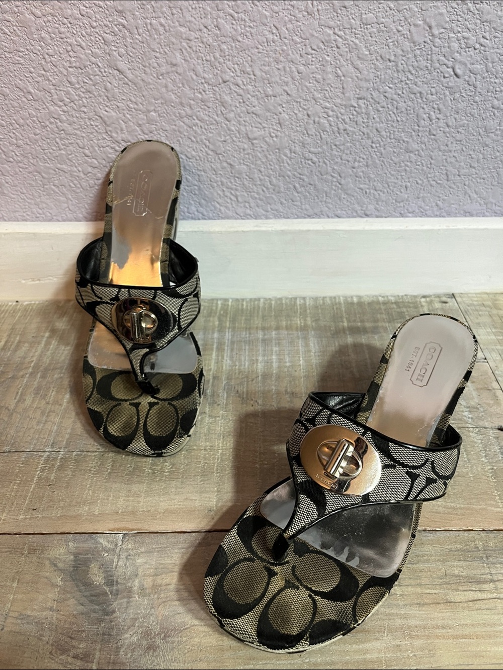 Y2K Greta Signature Coach Black & Silver-Women's Wedge Heeled Slip ons Sz 6.5
